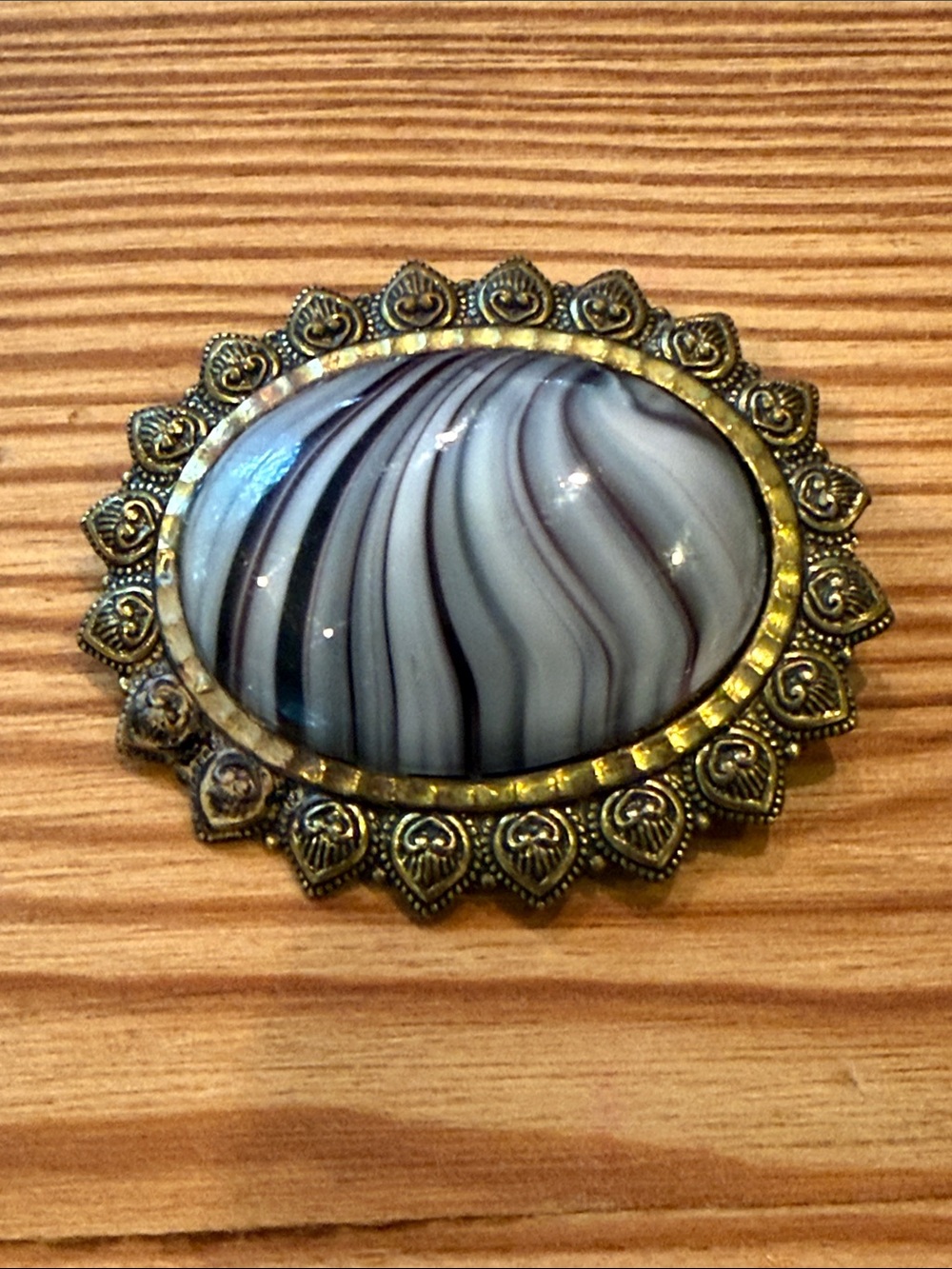 Vintage Western Germany Brooch w/ Banded Gray Glass Stone in Brass Frame